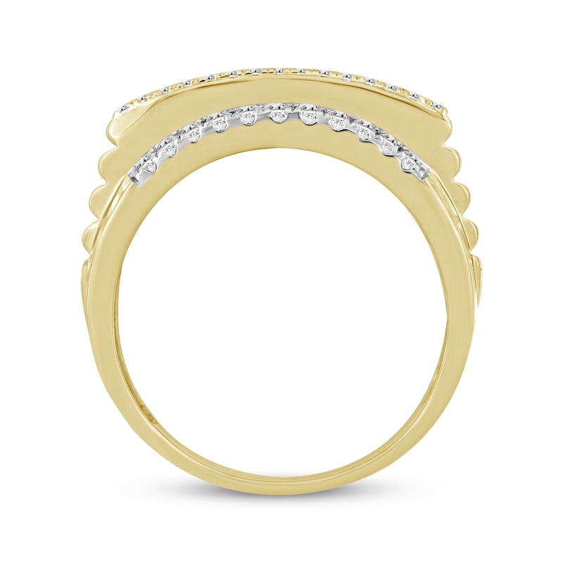 Main Image 3 of Men's Baguette & Round-Cut Diamond Diagonal Ring 1 ct tw 10K Yellow Gold