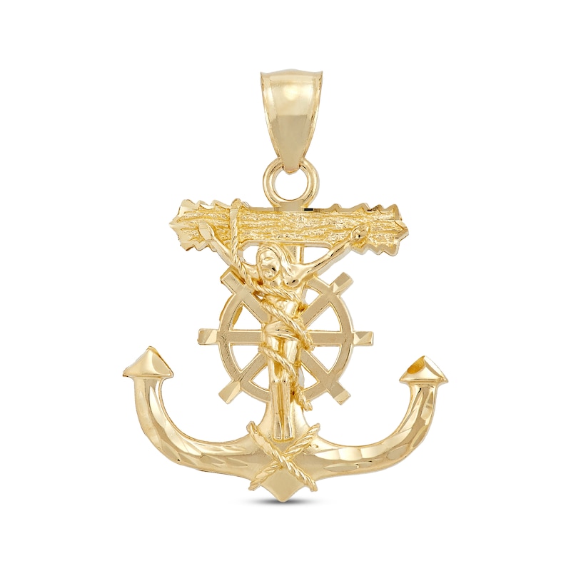 Men's Diamond-Cut Mariner’s Anchor & Wheel Crucifix Charm 10K Yellow Gold