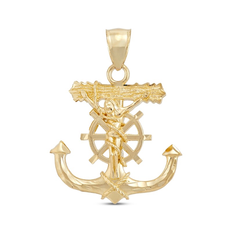 Main Image 1 of Men's Diamond-Cut Mariner’s Anchor & Wheel Crucifix Charm 10K Yellow Gold