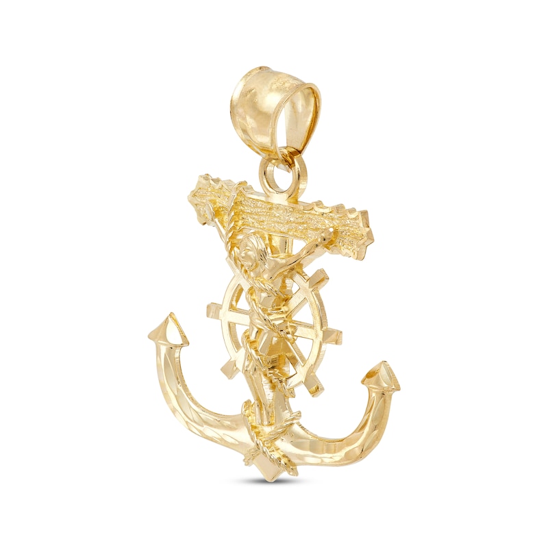 Men's Diamond-Cut Mariner’s Anchor & Wheel Crucifix Charm 10K Yellow Gold