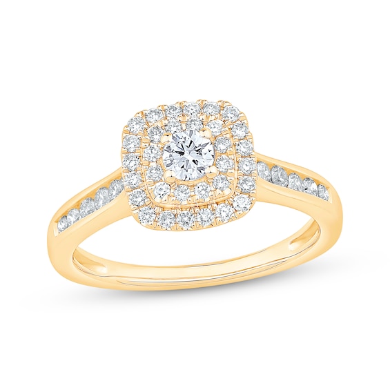 Now + Forever Round-Cut Diamond Double-Halo Engagement Ring 5/8 ct tw 14K Yellow Gold