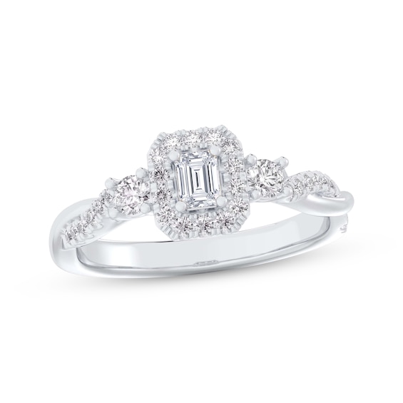 Now + Forever Emerald-Cut Diamond Three-Stone Twist Engagement Ring 1/2 ct tw 14K White Gold