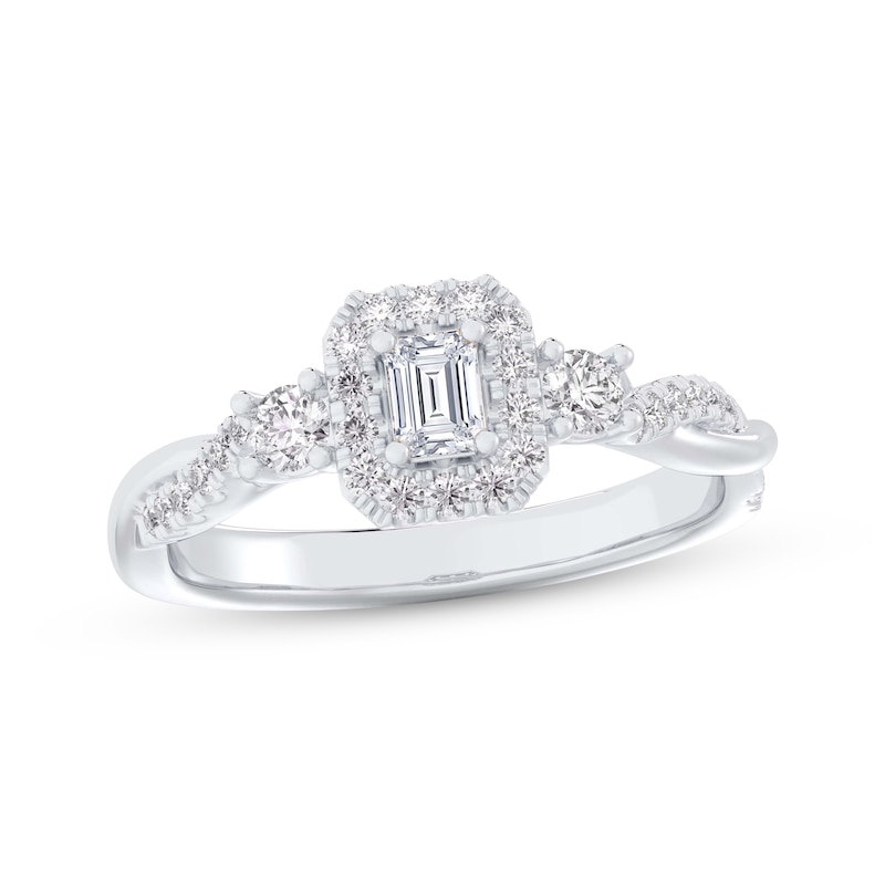 Main Image 1 of Now + Forever Emerald-Cut Diamond Three-Stone Twist Engagement Ring 1/2 ct tw 14K White Gold
