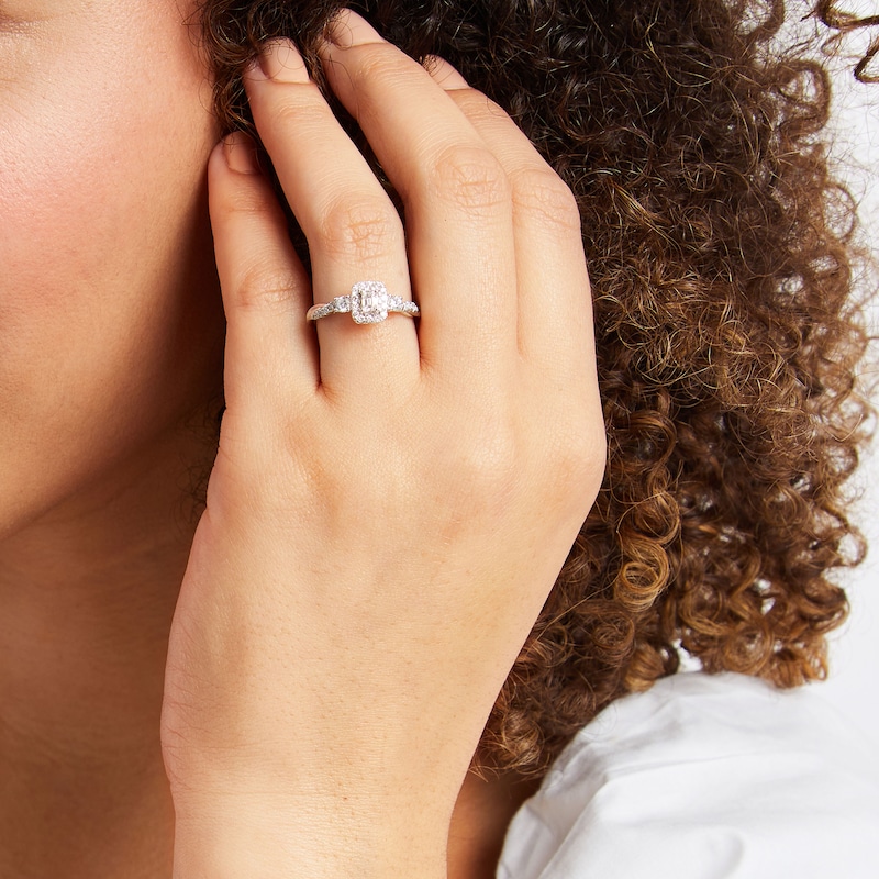 Main Image 4 of Now + Forever Emerald-Cut Diamond Three-Stone Twist Engagement Ring 1/2 ct tw 14K White Gold