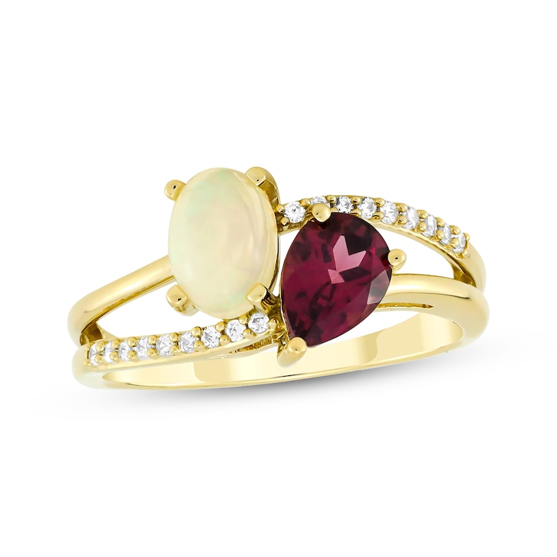 Toi et Moi Oval-Cut Opal & Pear-Shaped Rhodolite Garnet Ring 1/10 ct tw Diamonds 10K Yellow Gold