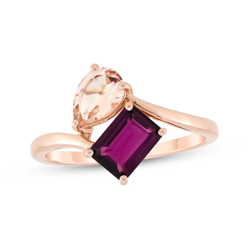 Main Image 1 of Toi et Moi Pear-Shaped Morganite & Emerald-Cut Rhodolite Garnet Ring 10K Rose Gold