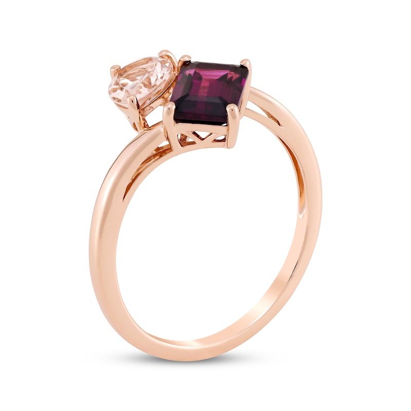 Main Image 2 of Toi et Moi Pear-Shaped Morganite & Emerald-Cut Rhodolite Garnet Ring 10K Rose Gold