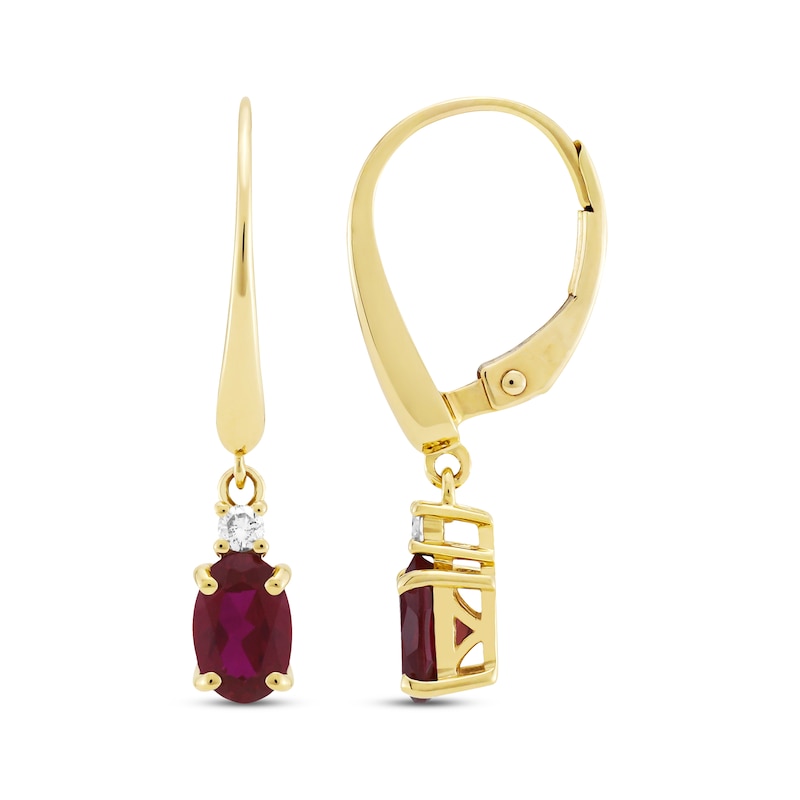 Main Image 3 of Oval-Cut Lab-Created Ruby & Diamond Dangle Earrings 10K Yellow Gold