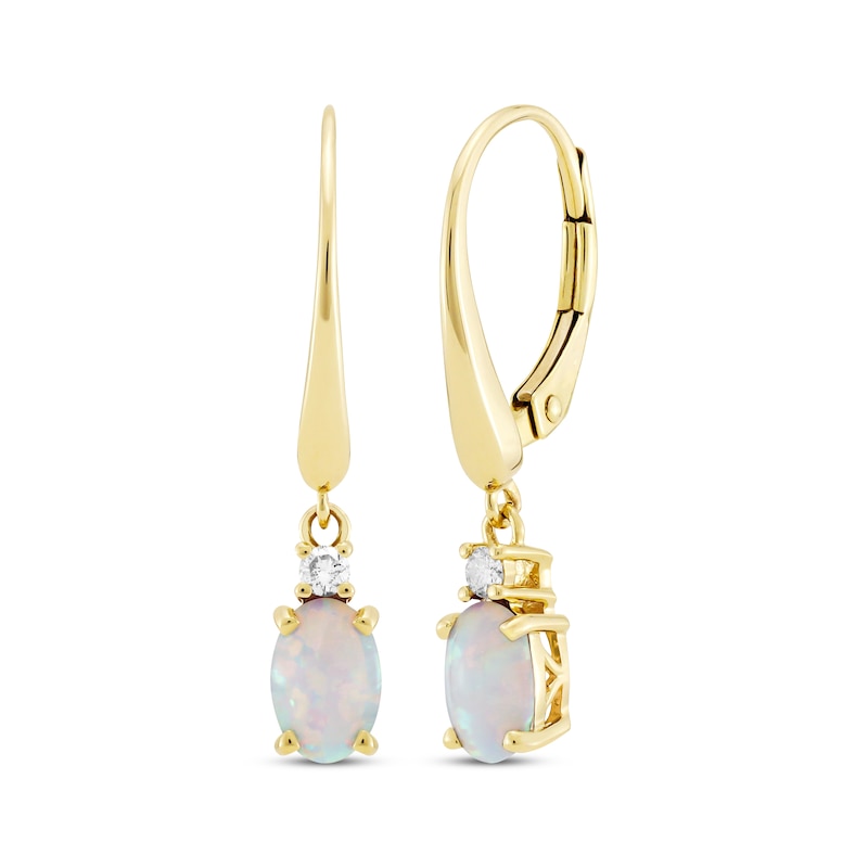 Main Image 1 of Oval-Cut Lab-Created Opal & Diamond Dangle Earrings 10K Yellow Gold