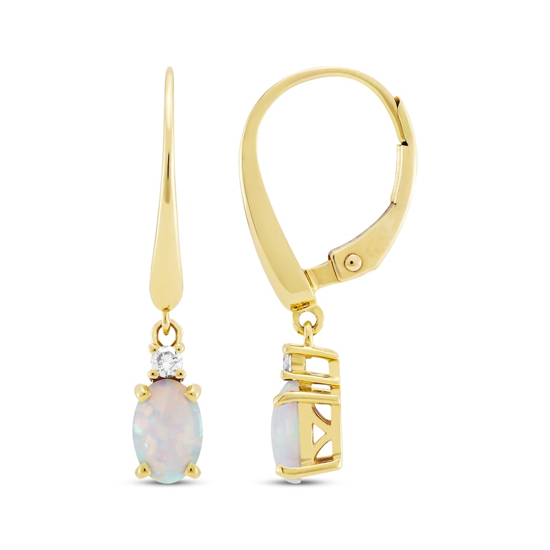 Main Image 3 of Oval-Cut Lab-Created Opal & Diamond Dangle Earrings 10K Yellow Gold