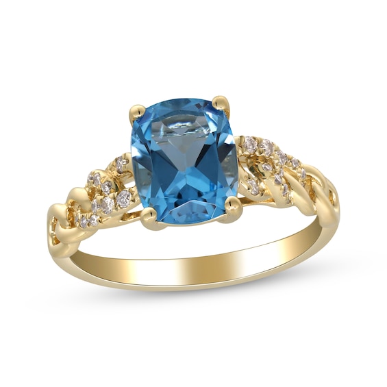 Cushion-Cut Swiss Blue Topaz & Diamond Chain Link Ring 1/10 ct tw 10K Yellow Gold