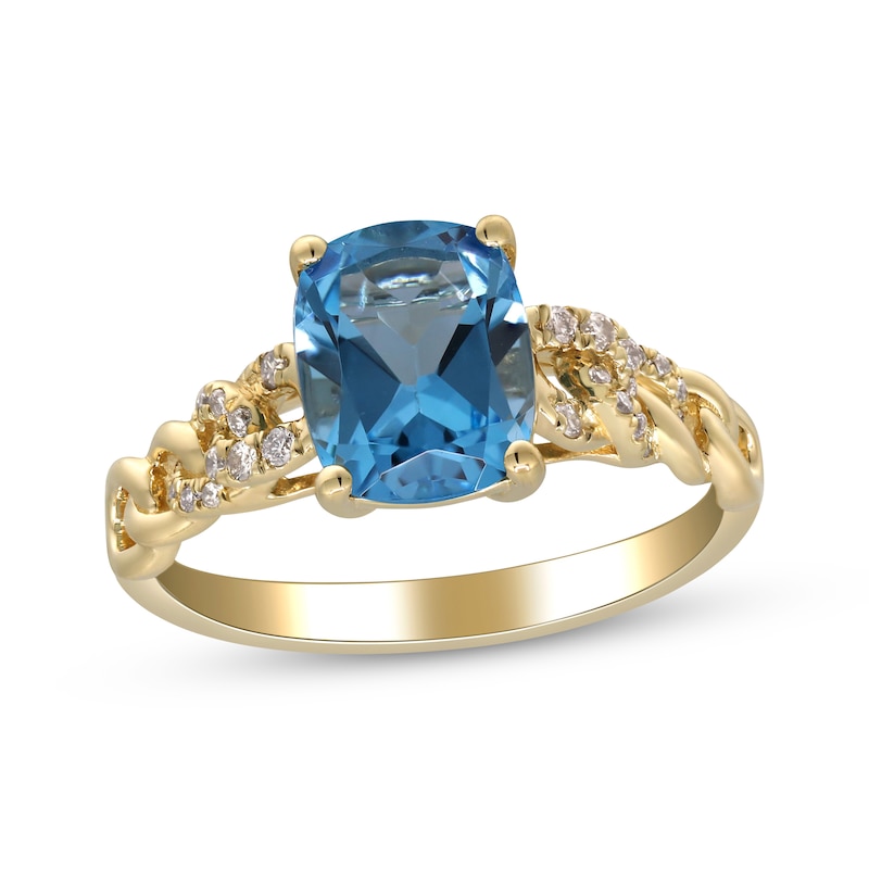 Main Image 1 of Cushion-Cut Swiss Blue Topaz & Diamond Chain Link Ring 1/10 ct tw 10K Yellow Gold