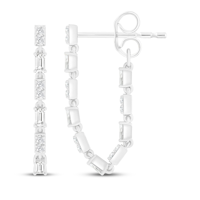 Main Image 1 of Baguette & Round-Cut Diamond Front-Back Chain Dangle Earrings 1/3 ct tw 10K White Gold