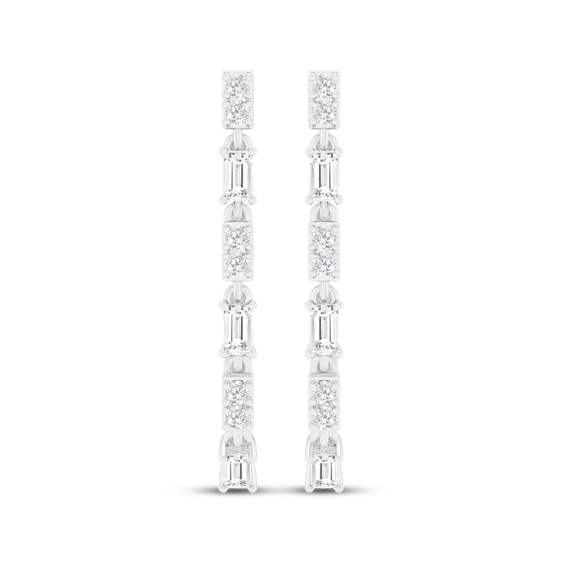 Main Image 2 of Baguette & Round-Cut Diamond Front-Back Chain Dangle Earrings 1/3 ct tw 10K White Gold