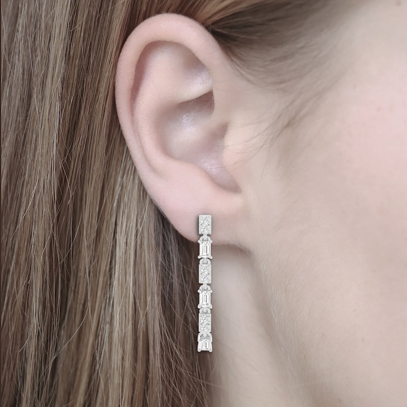 Main Image 3 of Baguette & Round-Cut Diamond Front-Back Chain Dangle Earrings 1/3 ct tw 10K White Gold