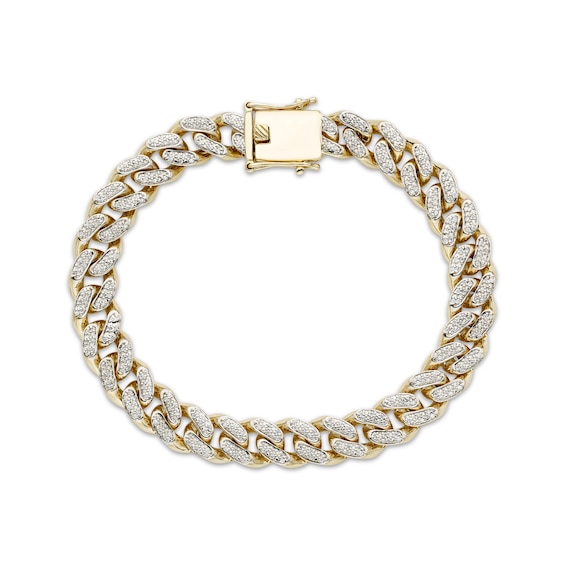 Men's 9mm Pavé-Set Diamond Curb Chain Bracelet 1 ct tw Hollow 10K Yellow Gold 8.25"