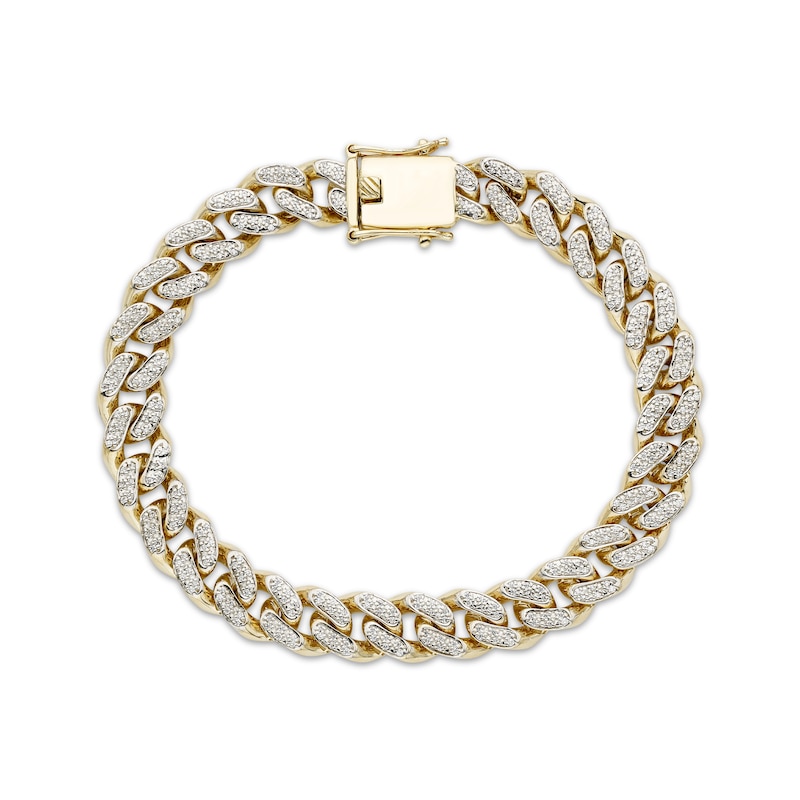 Main Image 1 of Men's 9mm Pavé-Set Diamond Curb Chain Bracelet 1 ct tw Hollow 10K Yellow Gold 8.25"