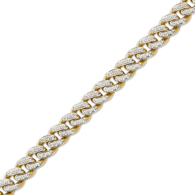 Main Image 2 of Men's 9mm Pavé-Set Diamond Curb Chain Bracelet 1 ct tw Hollow 10K Yellow Gold 8.25"
