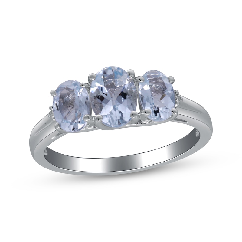 Main Image 1 of Oval-Cut Aquamarine & Diamond Accent Three-Stone Ring Sterling Silver