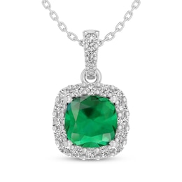 Cushion-Cut Lab-Created Emerald & White Lab-Created Sapphire Halo Necklace Sterling Silver 18"