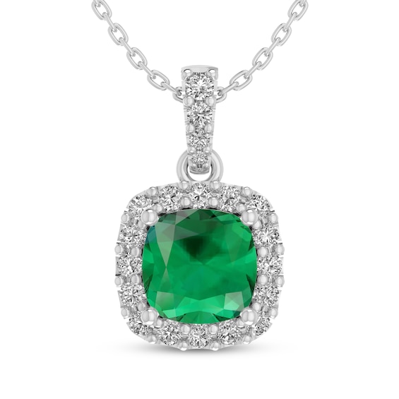 Cushion-Cut Lab-Created Emerald & White Lab-Created Sapphire Halo Necklace Sterling Silver 18"