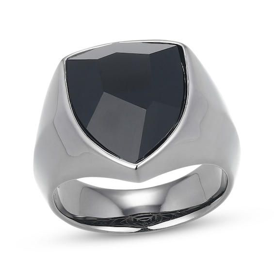 Men's Shield-Cut Black Agate Ring Stainless Steel
