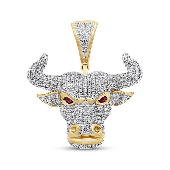 Men's Diamond & Lab-Created Ruby Bull Head Charm 3/4 ct tw 10K Yellow Gold