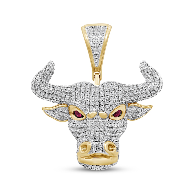 Main Image 1 of Men's Diamond & Lab-Created Ruby Bull Head Charm 3/4 ct tw 10K Yellow Gold