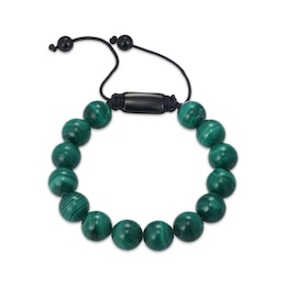 Men's Malachite Bead & Agate Bolo Bracelet Black Ion-Plated Stainless Steel