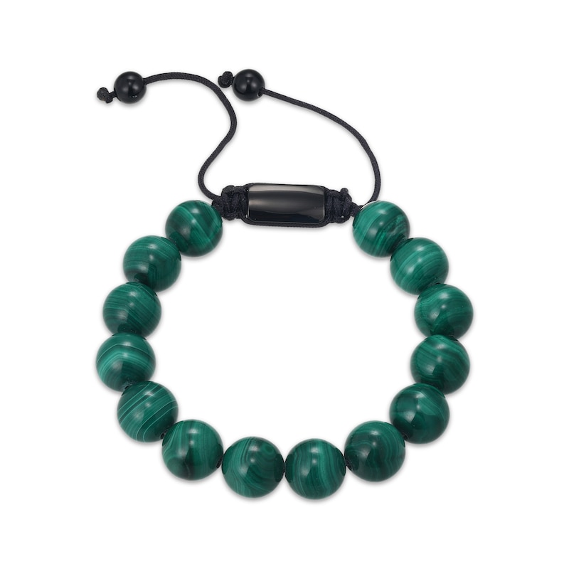 Main Image 1 of Men's Malachite Bead & Agate Bolo Bracelet Black Ion-Plated Stainless Steel