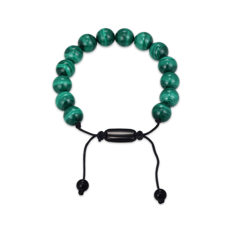 Main Image 2 of Men's Malachite Bead & Agate Bolo Bracelet Black Ion-Plated Stainless Steel