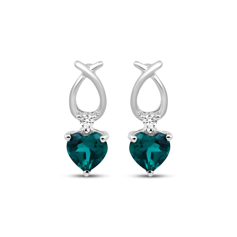 Main Image 2 of Heart-Shaped Lab-Created Emerald & Lab-Grown Diamond Accent Drop Earrings Sterling Silver