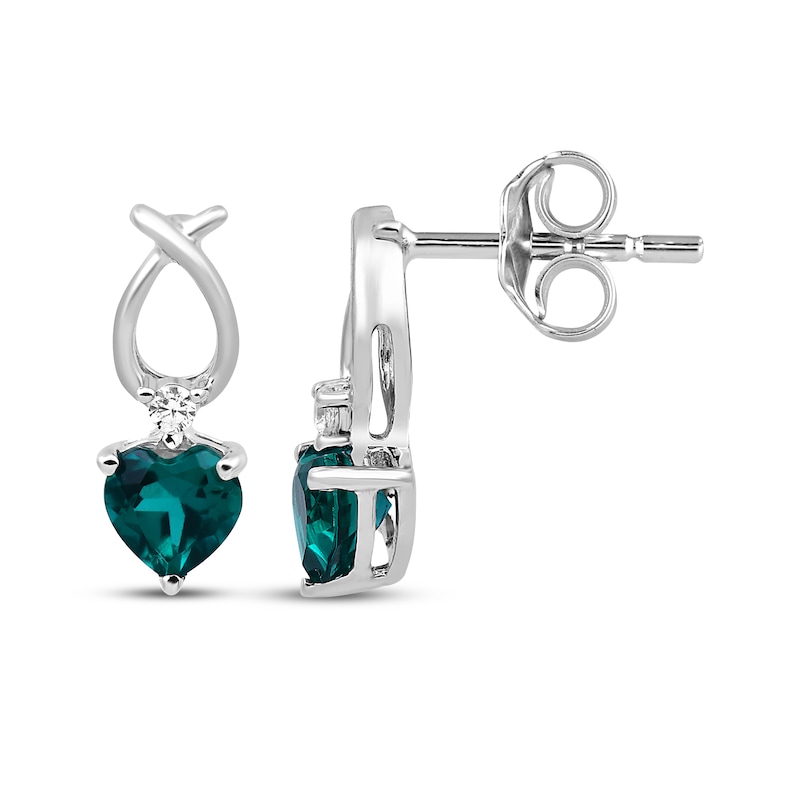 Main Image 3 of Heart-Shaped Lab-Created Emerald & Lab-Grown Diamond Accent Drop Earrings Sterling Silver