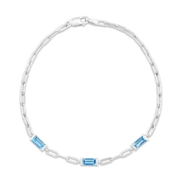 Baguette-Cut Swiss Blue Topaz Station Paperclip Chain Bracelet Sterling Silver 7.25"