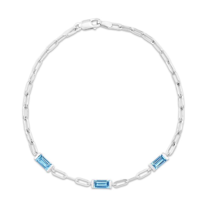 Main Image 1 of Baguette-Cut Swiss Blue Topaz Station Paperclip Chain Bracelet Sterling Silver 7.25"