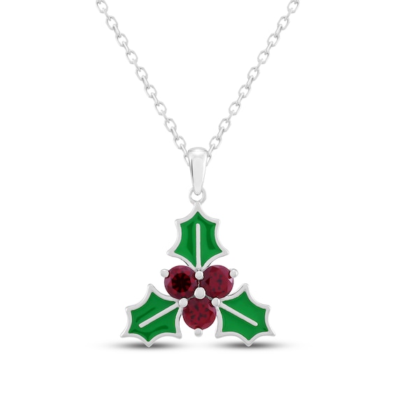 Lab-Created Ruby Green Enamel Holly Necklace Sterling Silver 18"