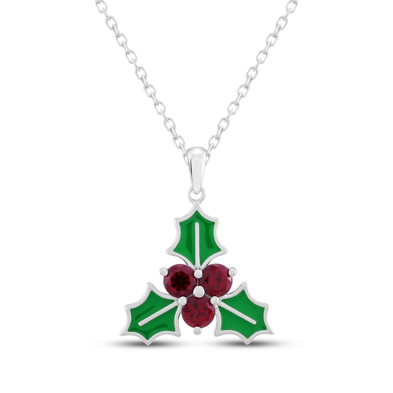 Main Image 1 of Lab-Created Ruby Green Enamel Holly Necklace Sterling Silver 18"