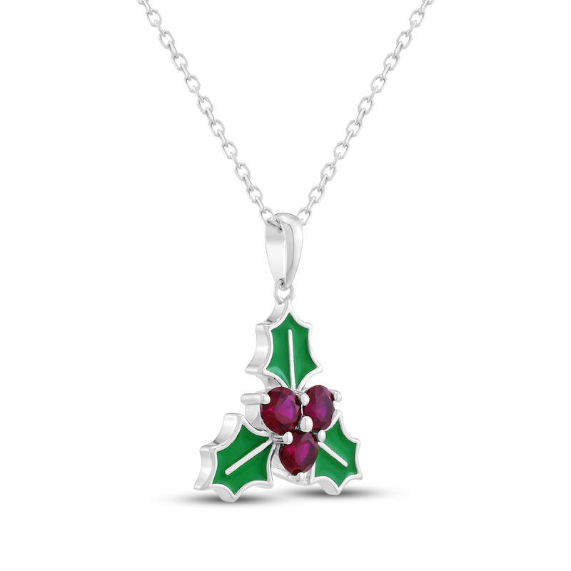 Main Image 2 of Lab-Created Ruby Green Enamel Holly Necklace Sterling Silver 18"