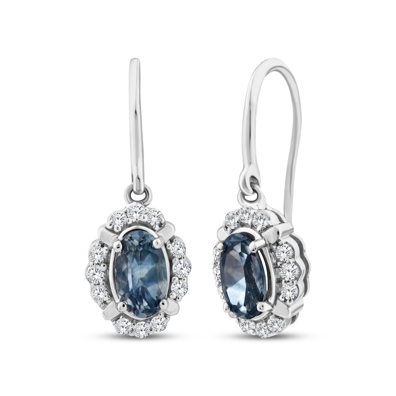 Main Image 1 of American Blue Sapphire & Diamond Halo Dangle Earrings 1/10 ct tw Sterling Silver