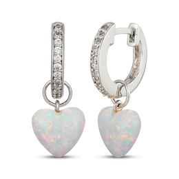 Heart-Shaped Lab-Created Opal & White Lab-Created Sapphire Huggie Drop Earrings Sterling Silver