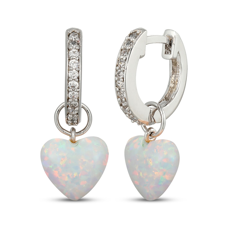 Main Image 1 of Heart-Shaped Lab-Created Opal & White Lab-Created Sapphire Huggie Drop Earrings Sterling Silver