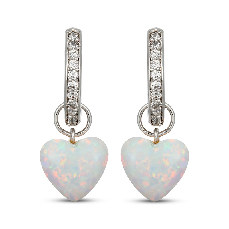Main Image 2 of Heart-Shaped Lab-Created Opal & White Lab-Created Sapphire Huggie Drop Earrings Sterling Silver
