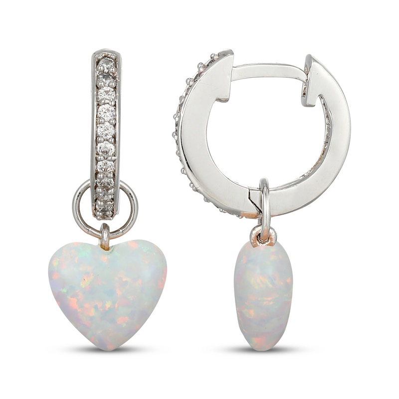 Main Image 3 of Heart-Shaped Lab-Created Opal & White Lab-Created Sapphire Huggie Drop Earrings Sterling Silver