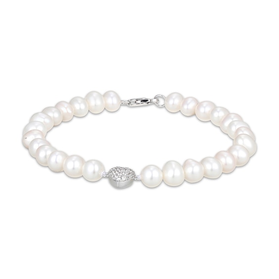 Cultured Pearl & White Lab-Created Sapphire Heart Bracelet Sterling Silver 7.25"