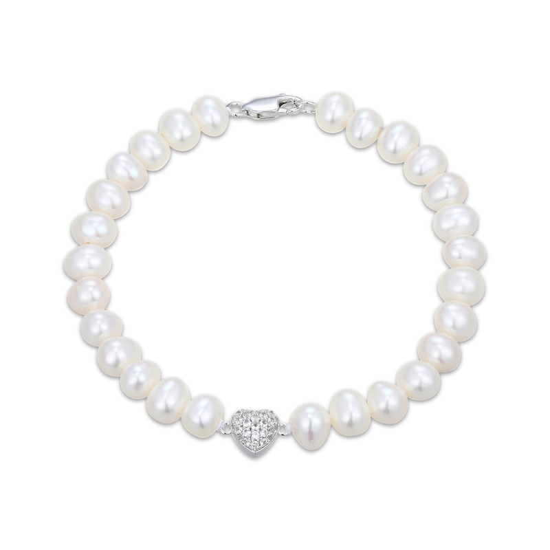 Main Image 2 of Cultured Pearl & White Lab-Created Sapphire Heart Bracelet Sterling Silver 7.25"