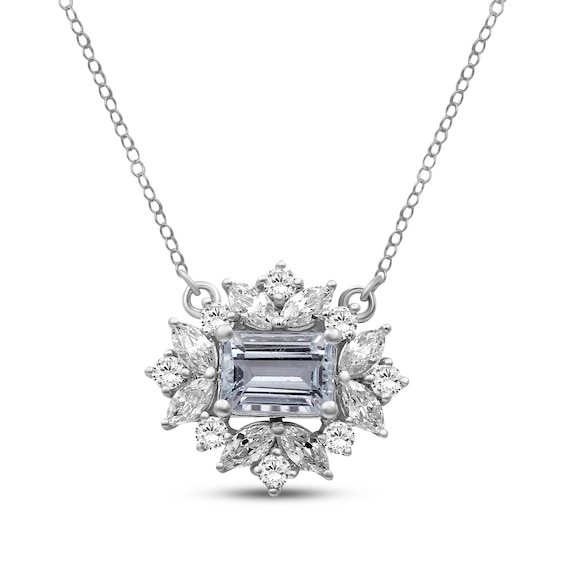 Octagon-Cut Aquamarine & White Lab-Created Sapphire Necklace Sterling Silver 18"