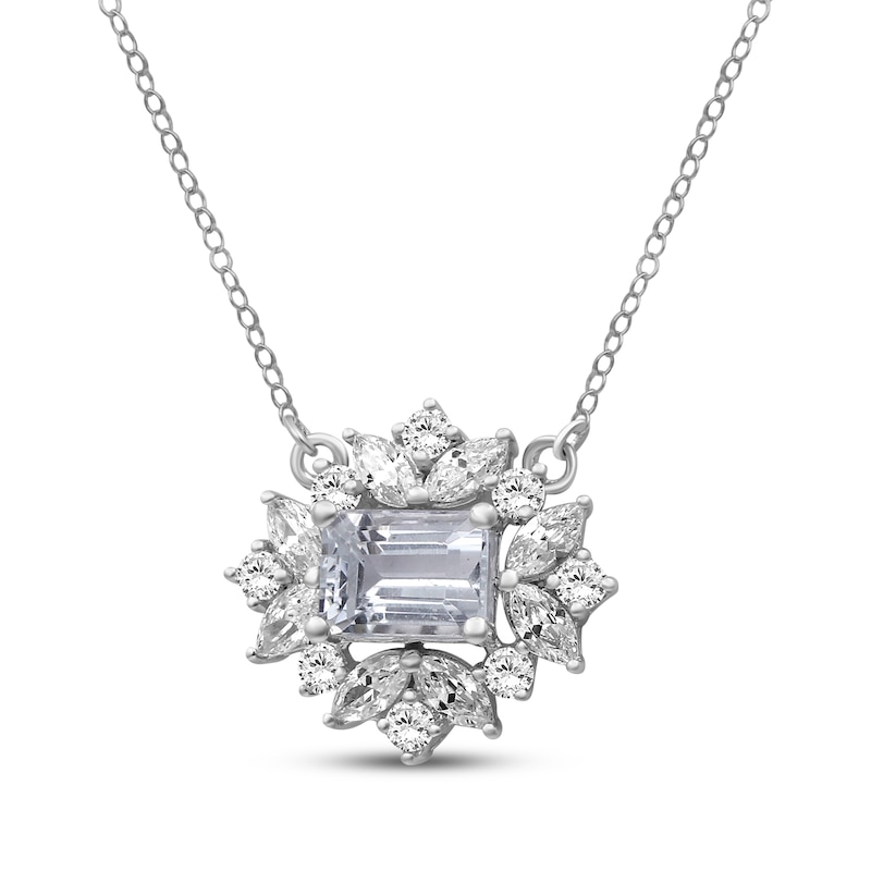 Main Image 2 of Octagon-Cut Aquamarine & White Lab-Created Sapphire Necklace Sterling Silver 18"