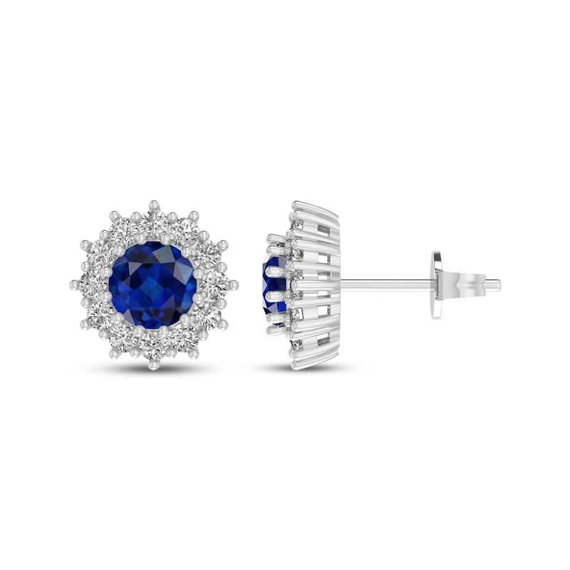 Main Image 1 of Blue & White Lab-Created Sapphire Starburst Halo Stud Earrings Sterling Silver