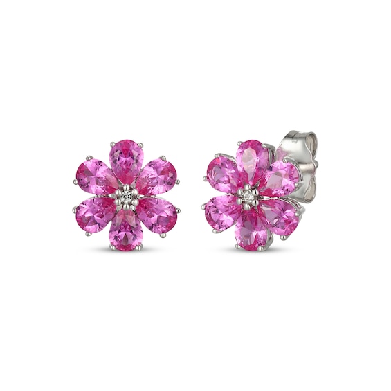 Pear-Shaped Pink Lab-Created Sapphire & White Lab-Created Sapphire Flower Stud Earrings Sterling Silver