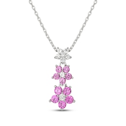Pink & White Lab-Created Sapphire Flower Drop Necklace Sterling Silver 18"